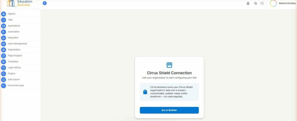 Cirrus Shield Connection card with the Go to Builder button