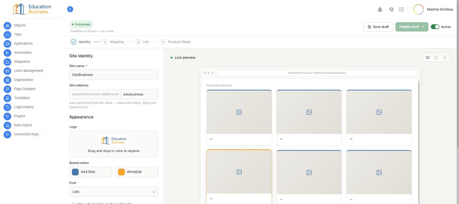 Step 1 complete: status banner, step bar, and the Site Identity form with logo and brand colors