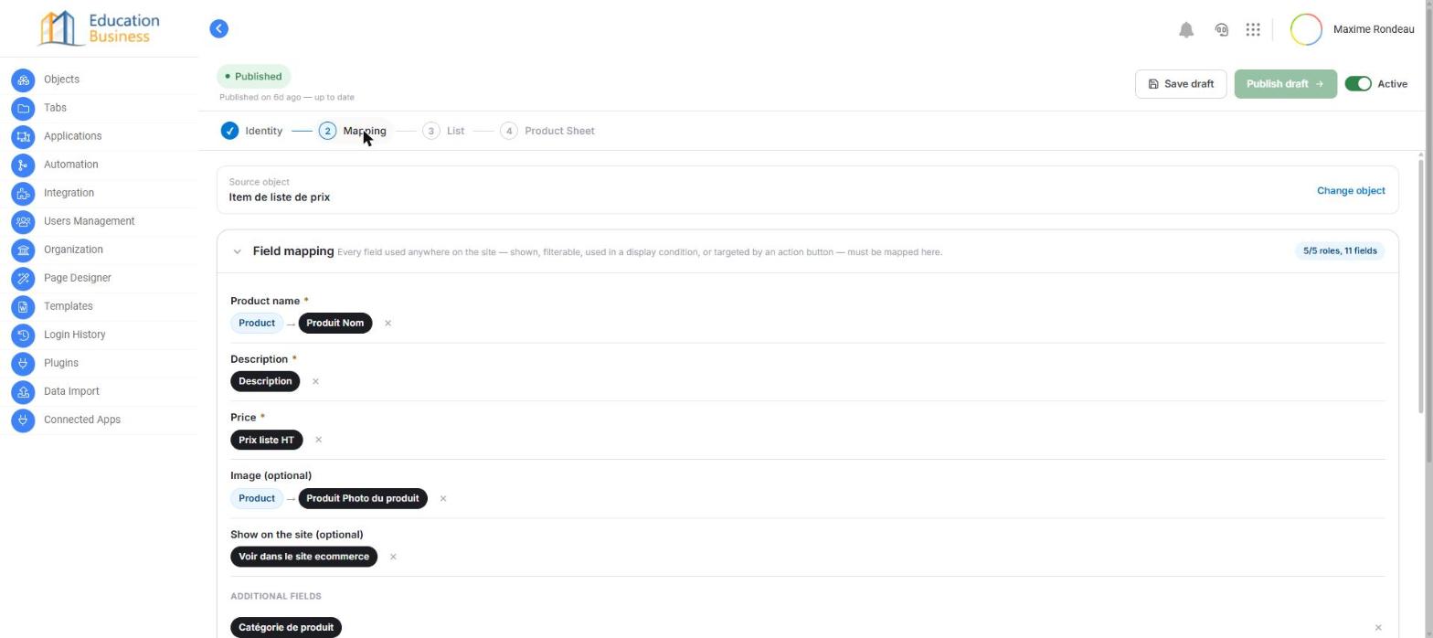 Field mapping: core roles mapped (Product name, Description, Price, Image, Show on the site)