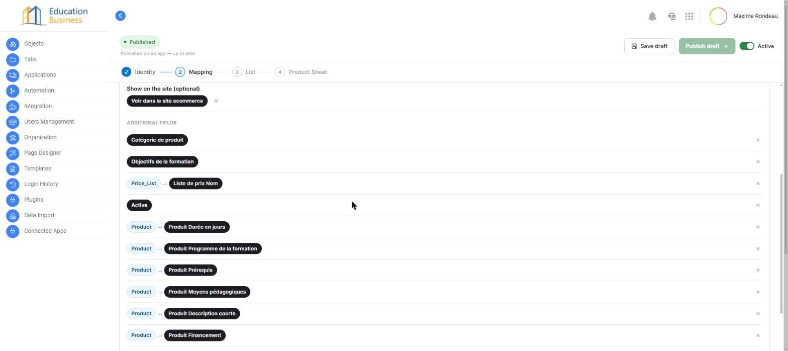 Additional fields mapped: Category of product, Learning objectives, Price list name, Active, Duration in days, Program, Prerequisites, Pedagogical resources, Short description, Financing