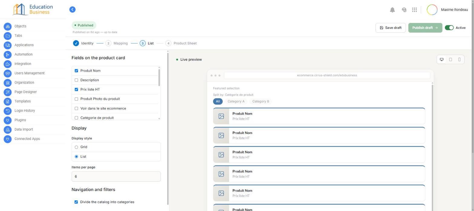 List step: fields shown on the product card, display style, items per page, and category navigation