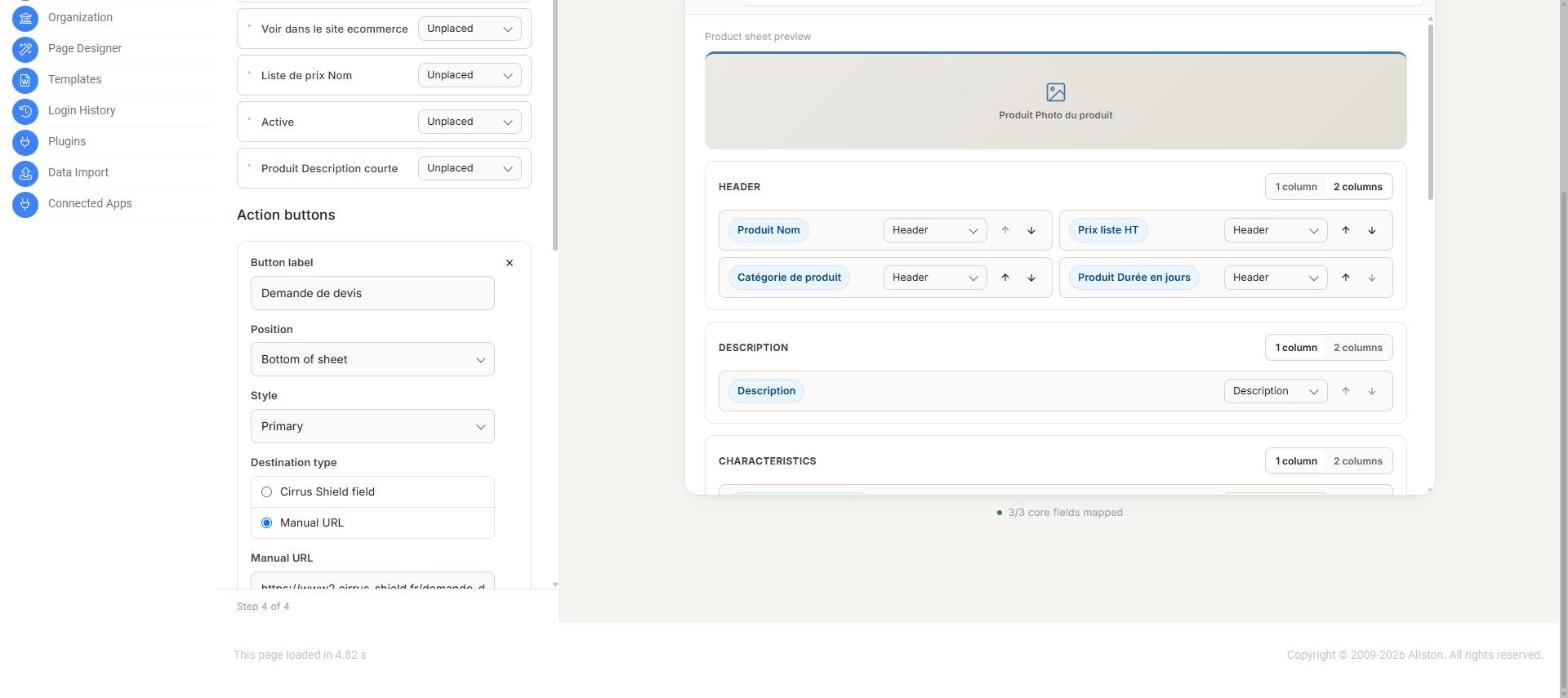 Header, Description and Characteristics sections with placed fields, and the destination type / manual URL options